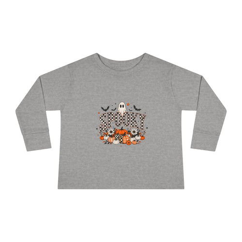 Heather grey toddler long sleeve graphic tee with a smiling ghost and pumpkin patch Halloween print