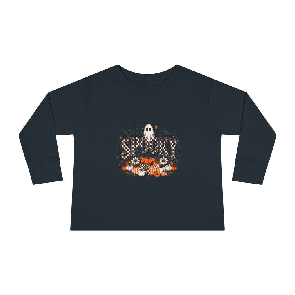 Black toddler long sleeve graphic tee with a smiling ghost and pumpkin patch Halloween print