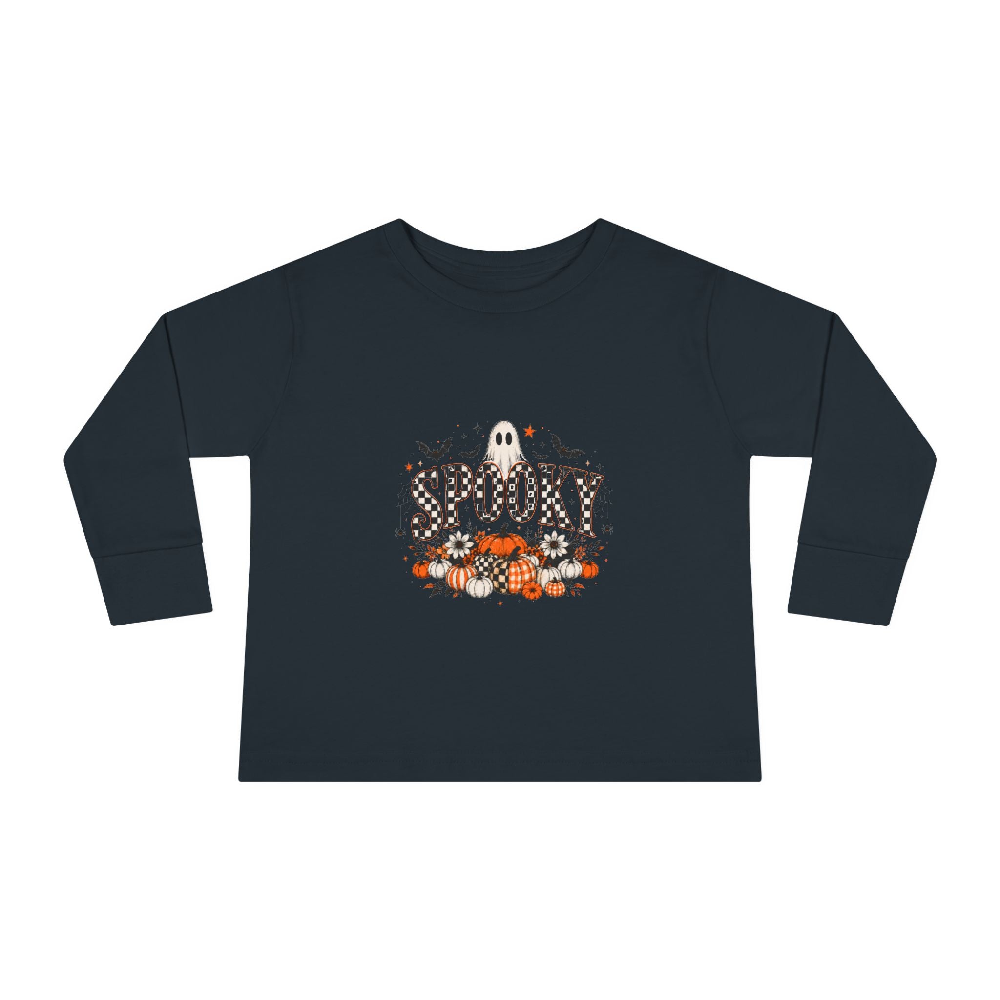 Black toddler long sleeve graphic tee with a smiling ghost and pumpkin patch Halloween print