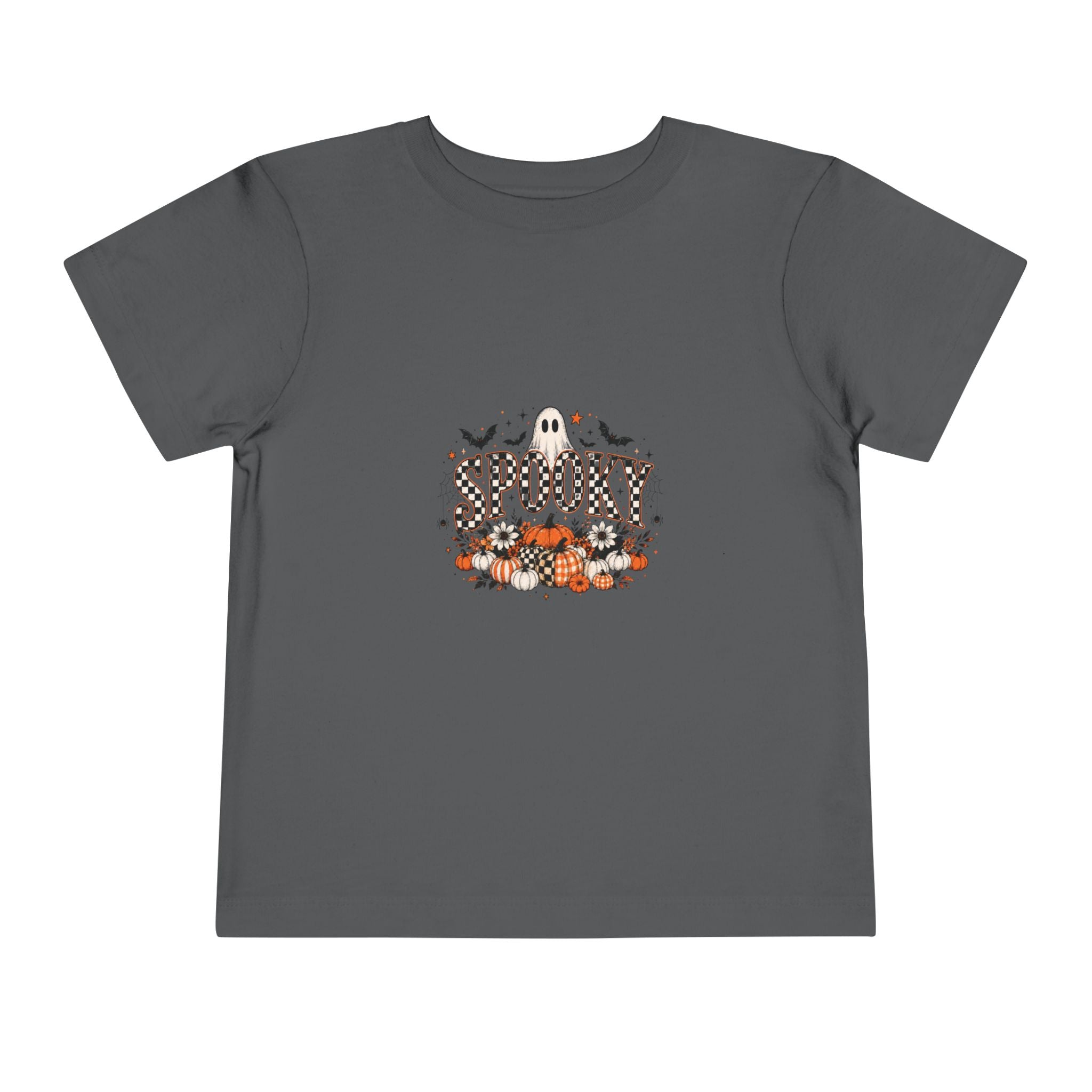 Asphalt grey toddler graphic tee with a smiling ghost and pumpkin patch Halloween print