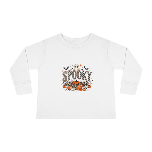 White toddler long sleeve graphic tee with a smiling ghost and pumpkin patch Halloween print