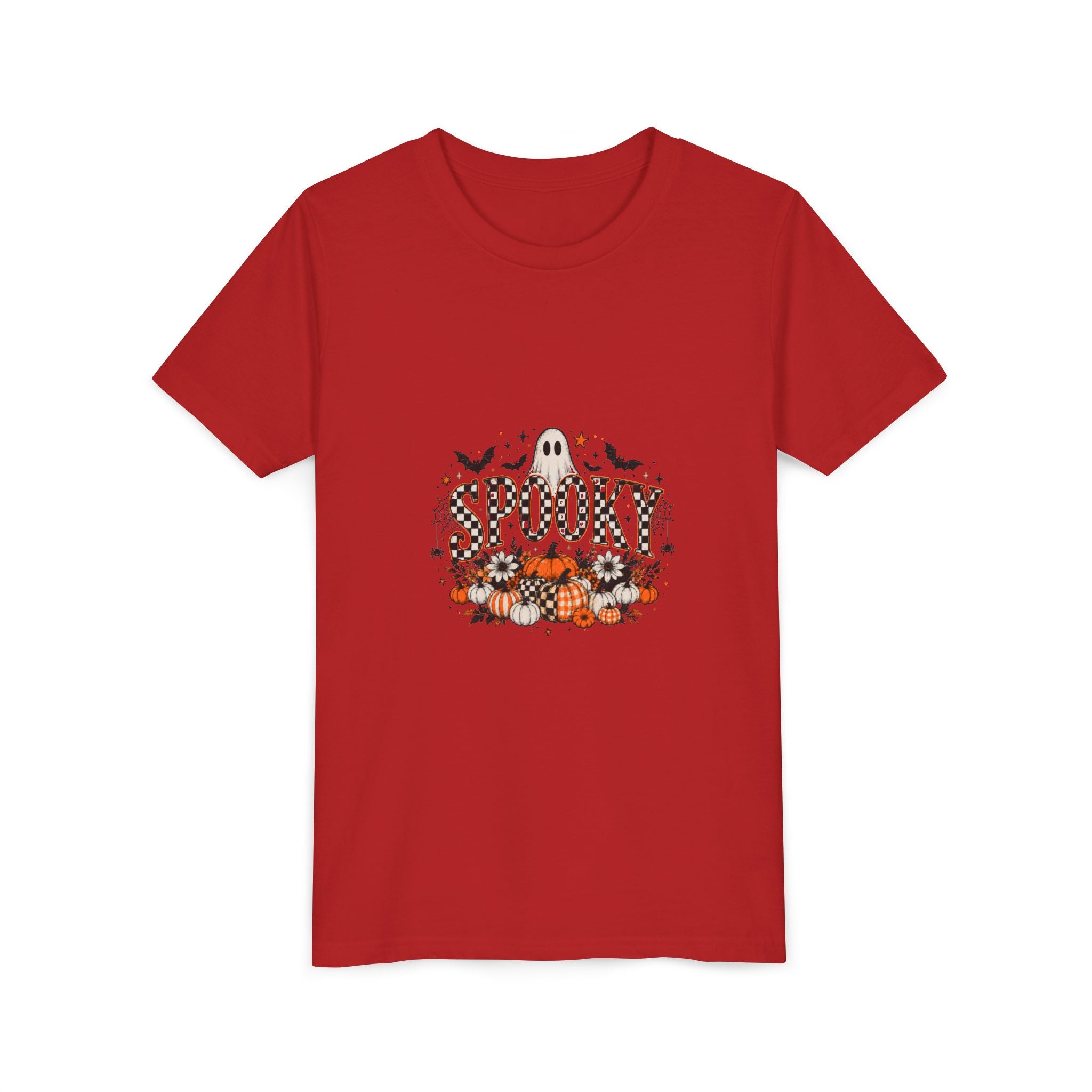 Red youth graphic tee with a smiling ghost and pumpkin patch Halloween print