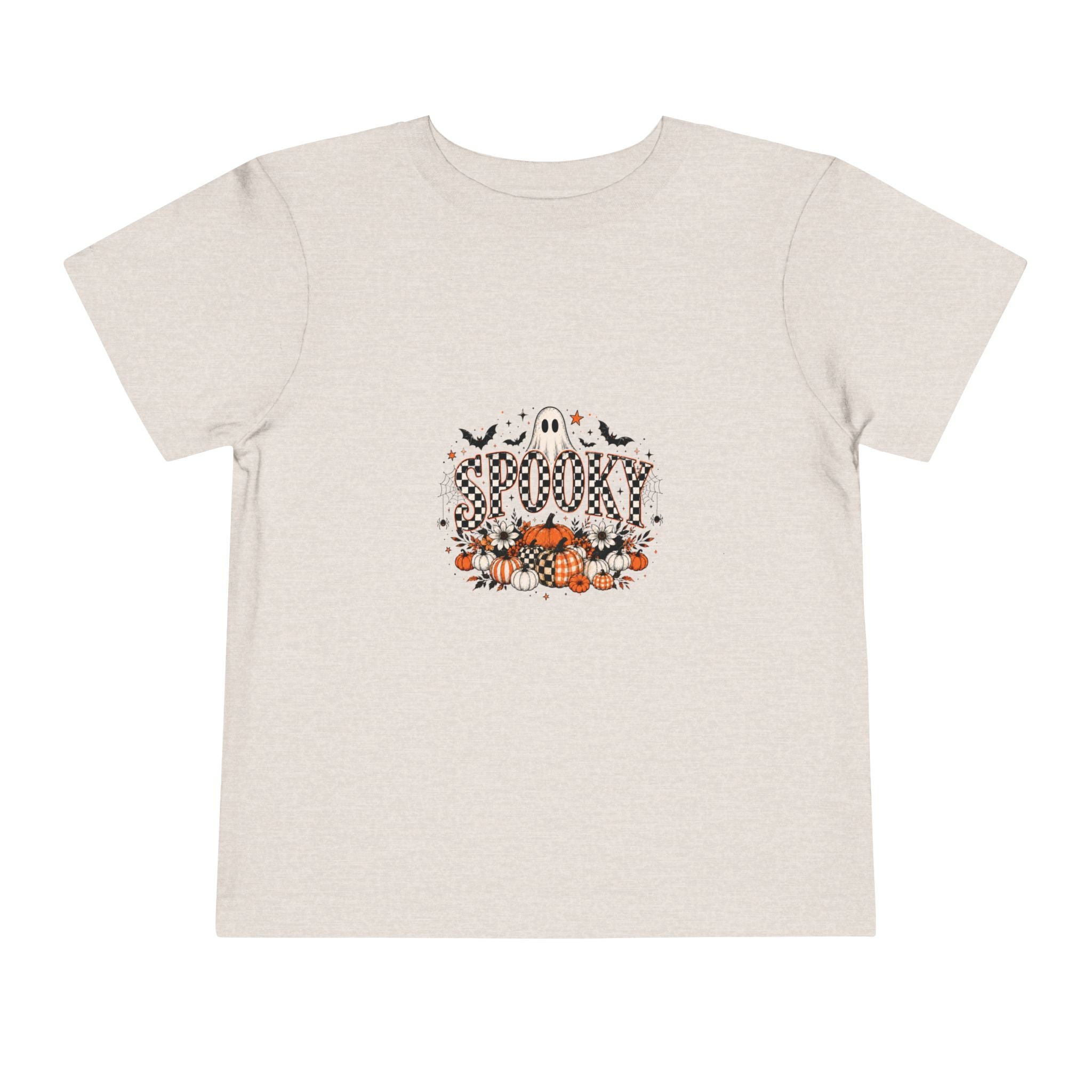 Heather dust pink toddler graphic tee with a smiling ghost and pumpkin patch Halloween print