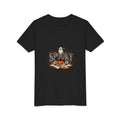 Black youth graphic tee with a smiling ghost and pumpkin patch Halloween print