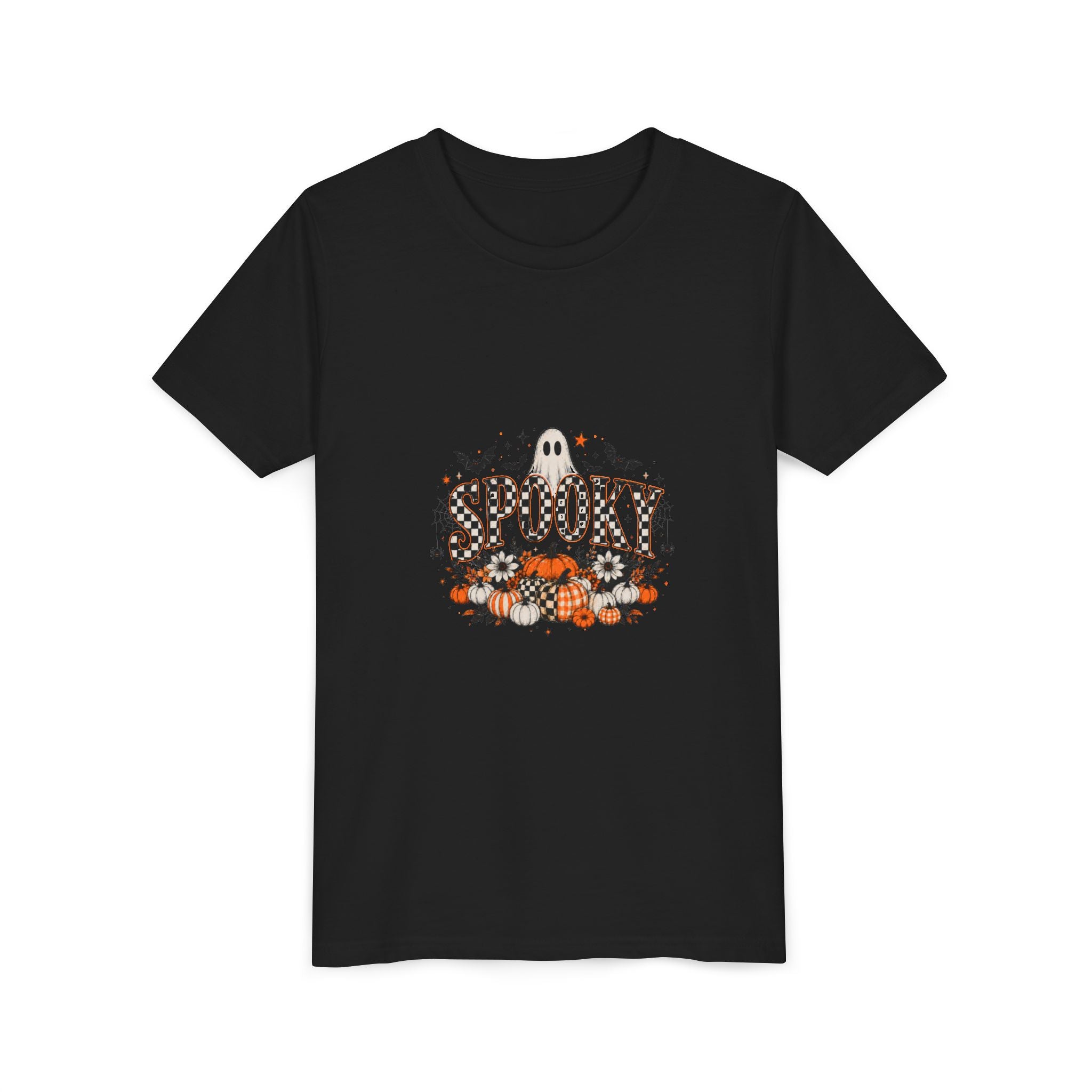 Black youth graphic tee with a smiling ghost and pumpkin patch Halloween print