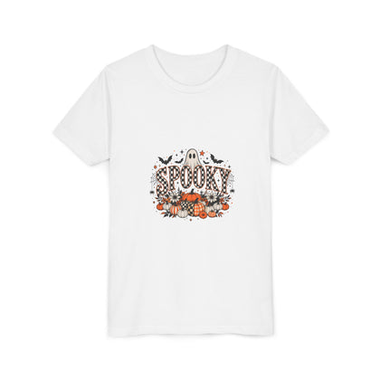 White youth graphic tee with a smiling ghost and pumpkin patch Halloween print