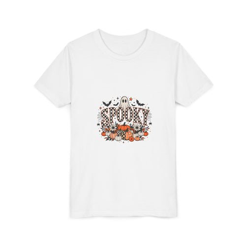 White youth graphic tee with a smiling ghost and pumpkin patch Halloween print