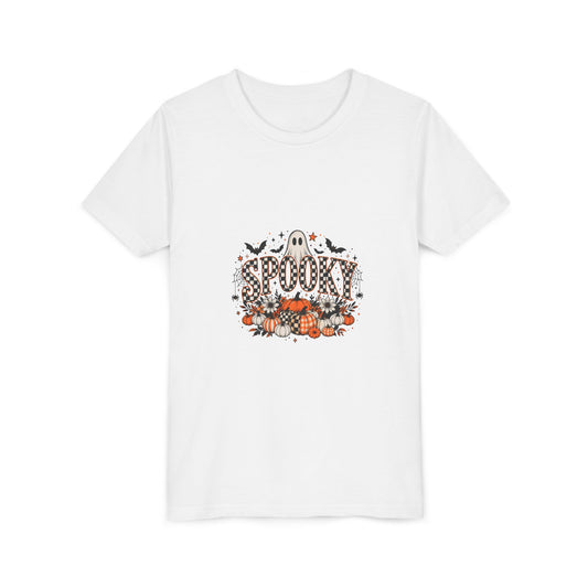 White youth graphic tee with a smiling ghost and pumpkin patch Halloween print