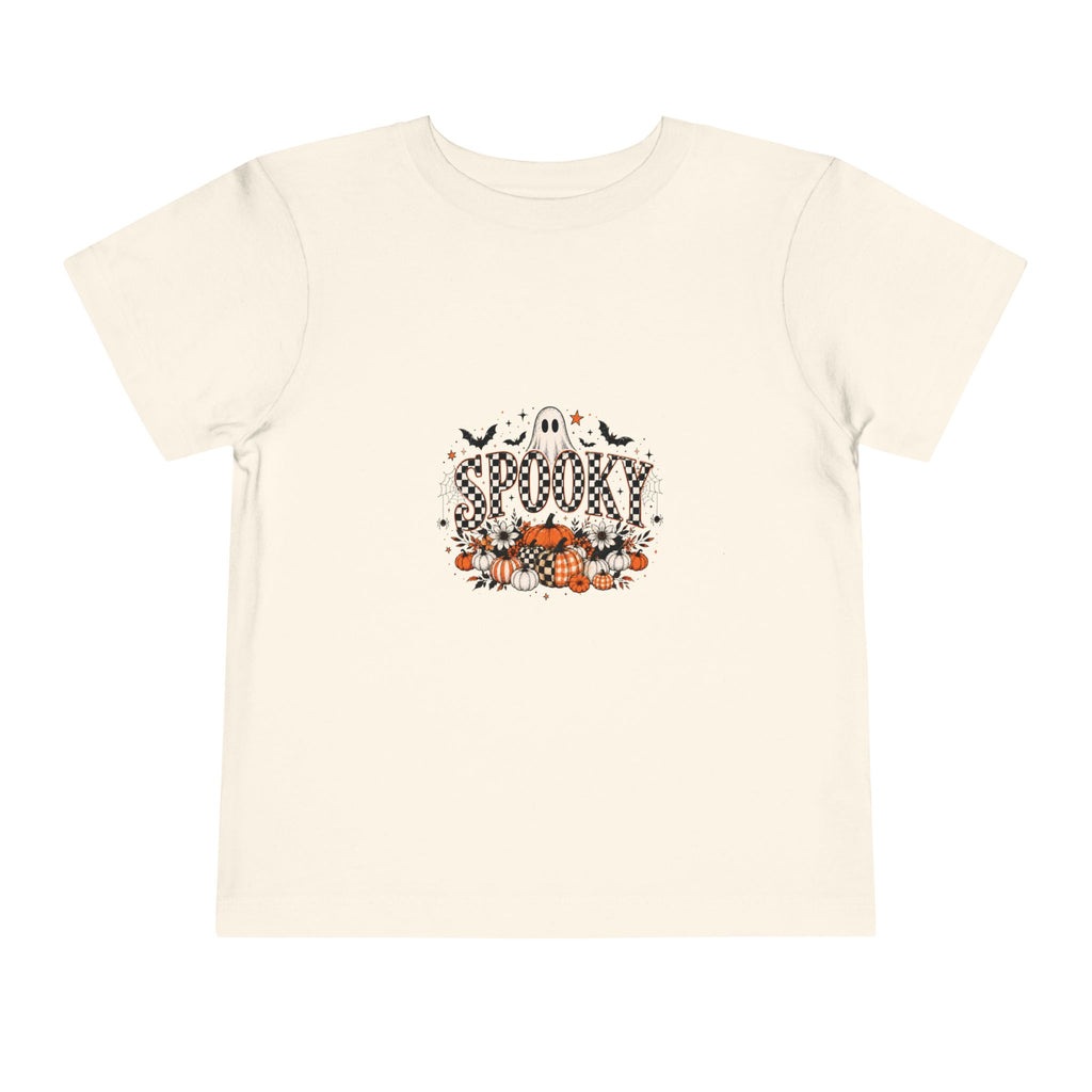Natural cream toddler graphic tee with a smiling ghost and pumpkin patch Halloween print