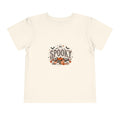 Natural cream toddler graphic tee with a smiling ghost and pumpkin patch Halloween print