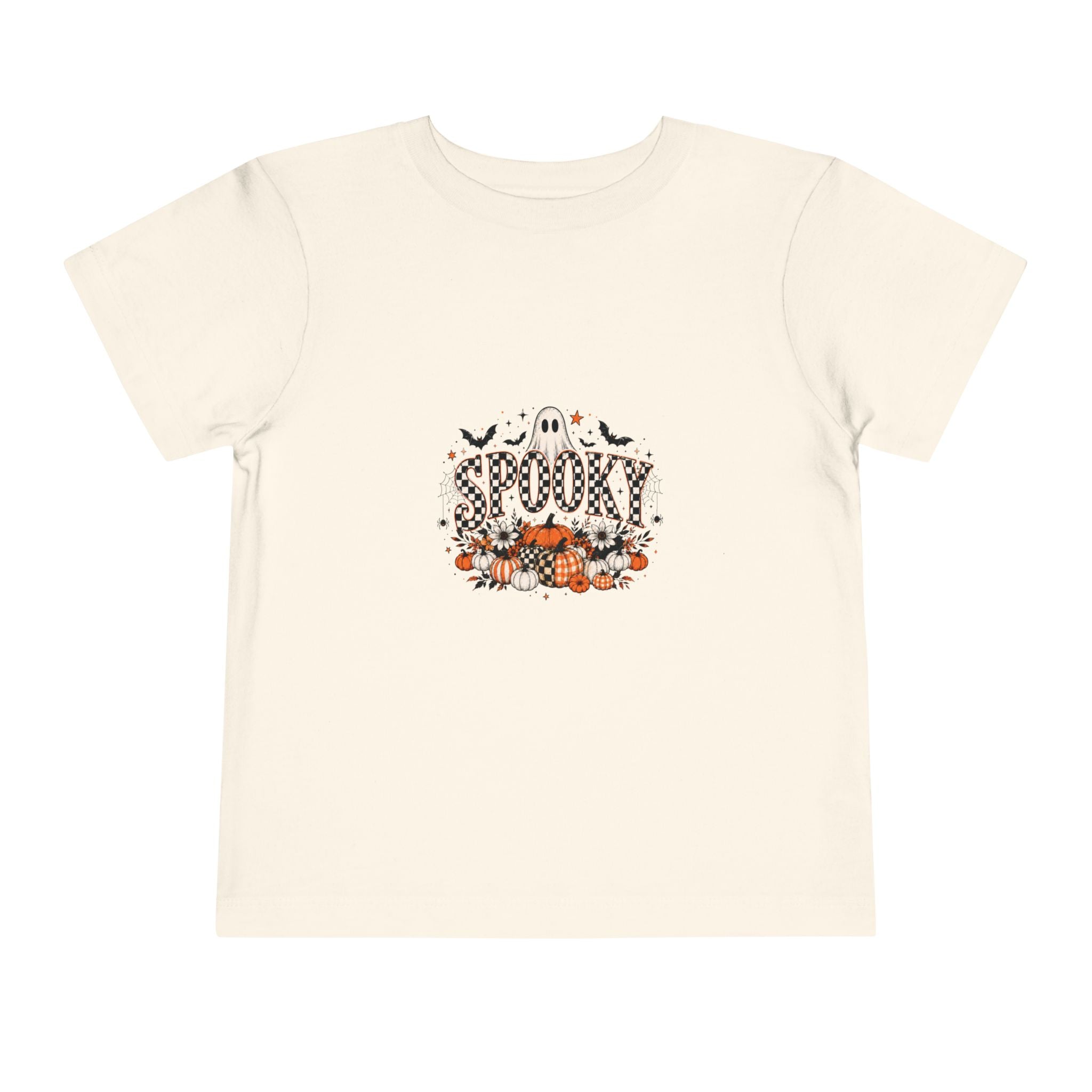 Natural cream toddler graphic tee with a smiling ghost and pumpkin patch Halloween print