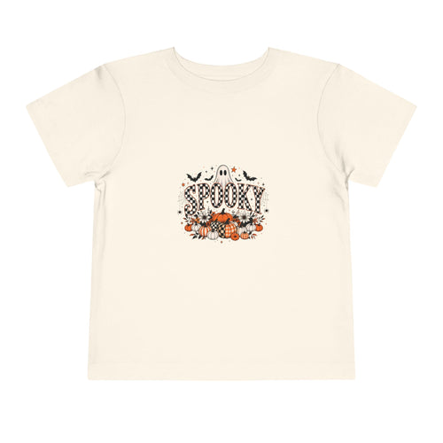 Natural cream toddler graphic tee with a smiling ghost and pumpkin patch Halloween print