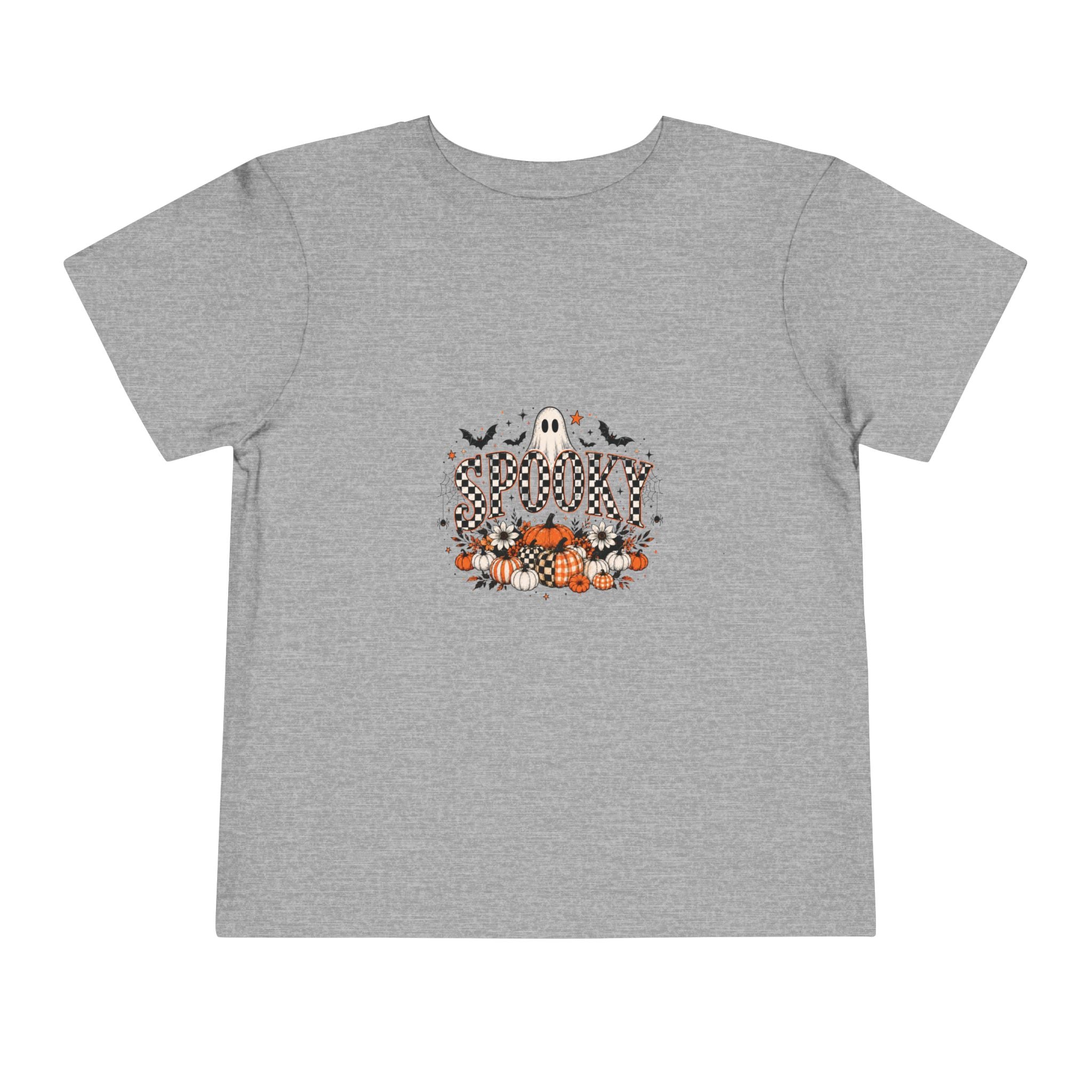 Athletic heather grey toddler graphic tee with a smiling ghost and pumpkin patch Halloween print