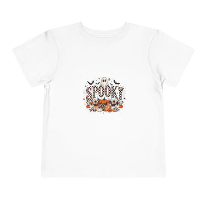 White toddler graphic tee with a smiling ghost and pumpkin patch Halloween print