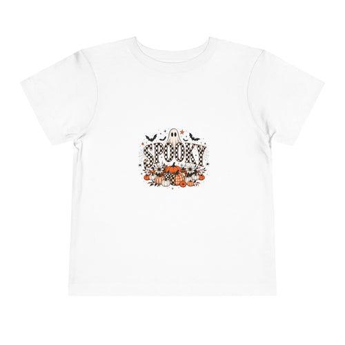White toddler graphic tee with a smiling ghost and pumpkin patch Halloween print