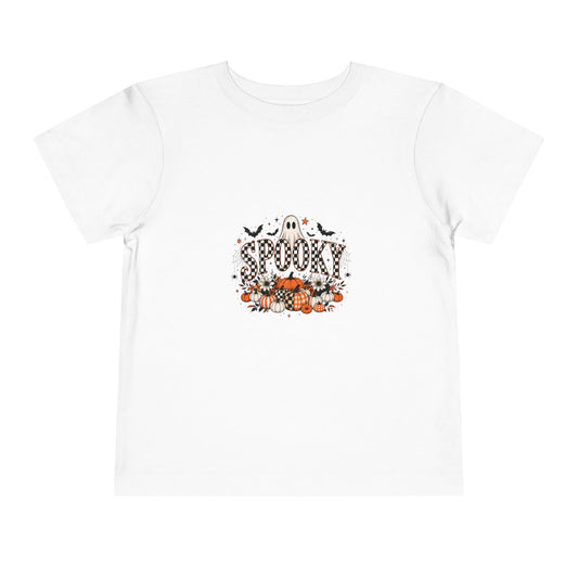 White toddler graphic tee with a smiling ghost and pumpkin patch Halloween print