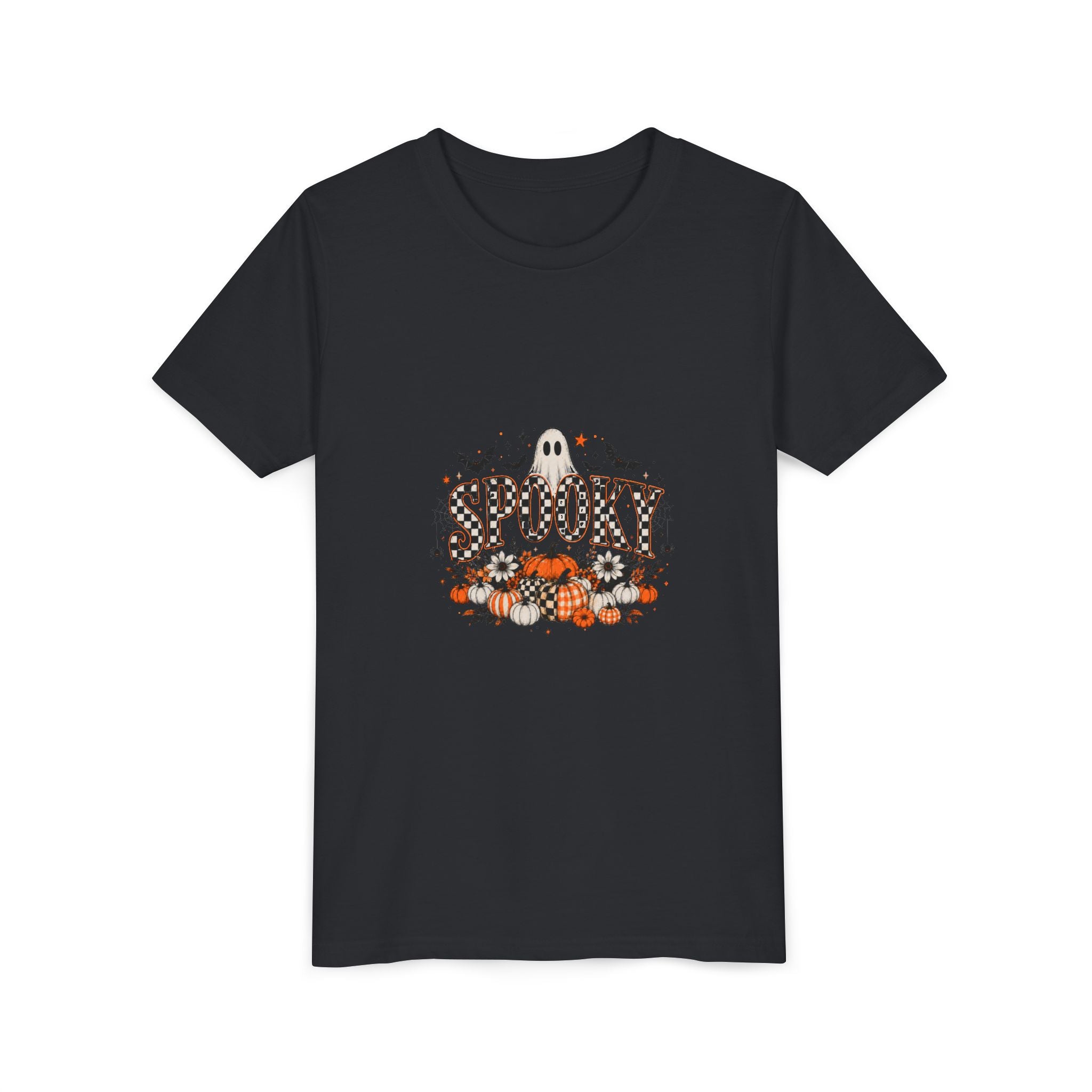Vintage black youth graphic tee with a smiling ghost and pumpkin patch Halloween print